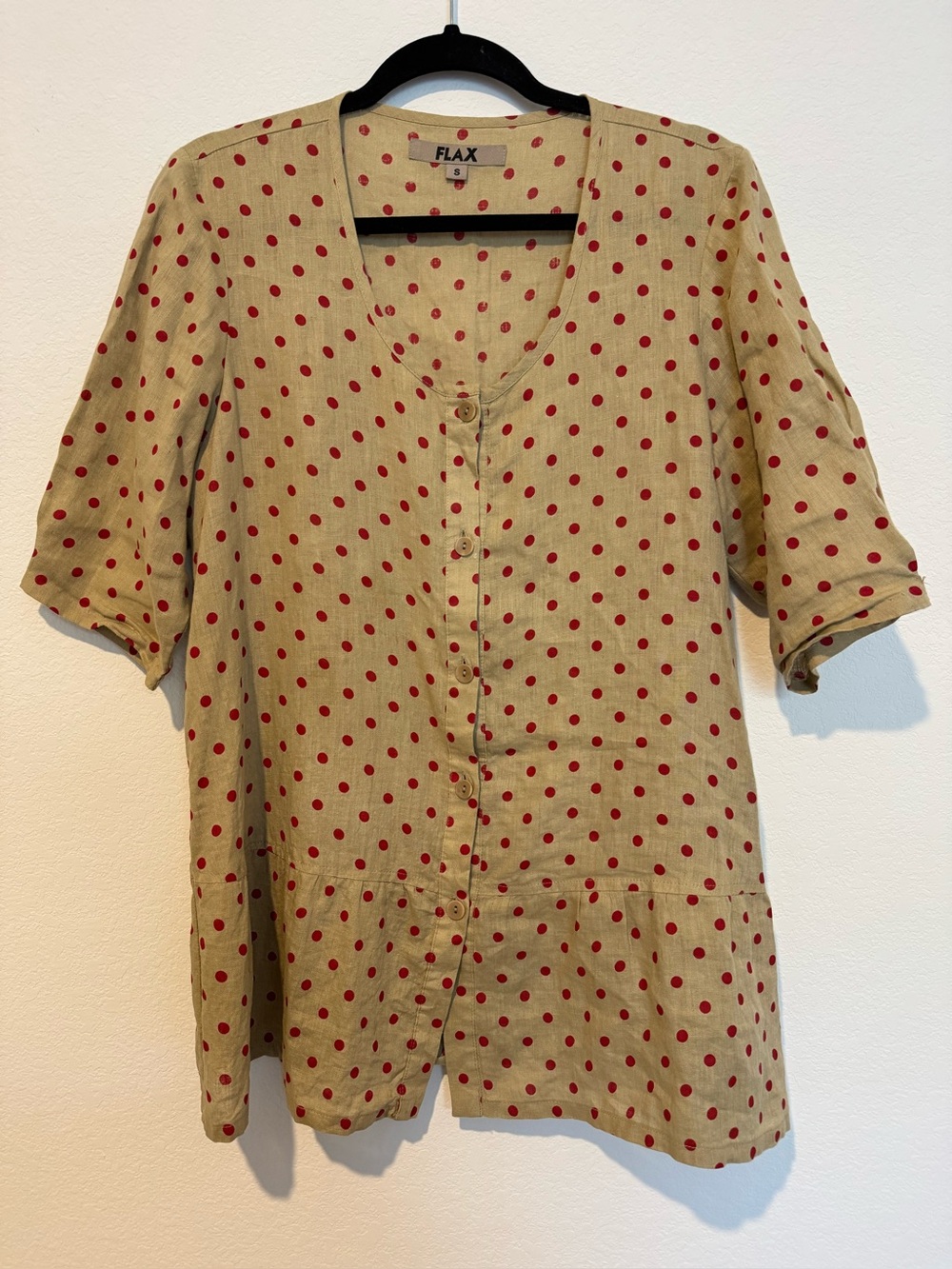 FLAX 100% Linen Brown Red Polka Dot Short Sleeve Peplum Tunic Top